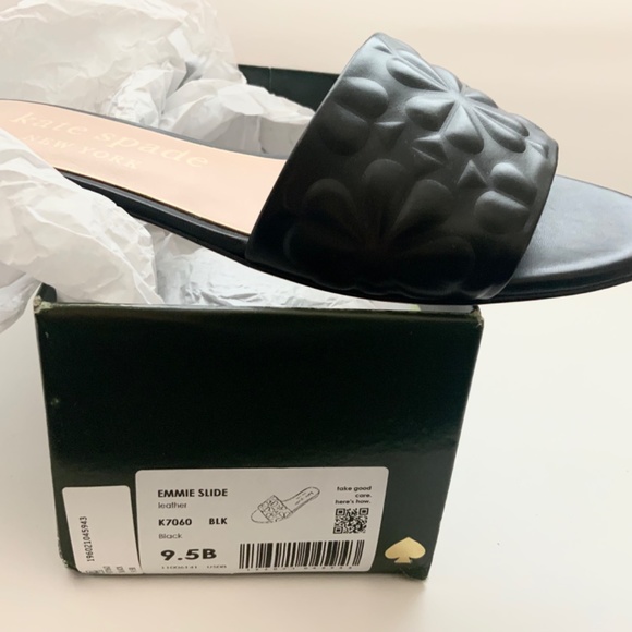 Kate Spade Emmie Floral Embossed Slide Sandals Black Leather Flat Mules 9.5 - Picture 7 of 13